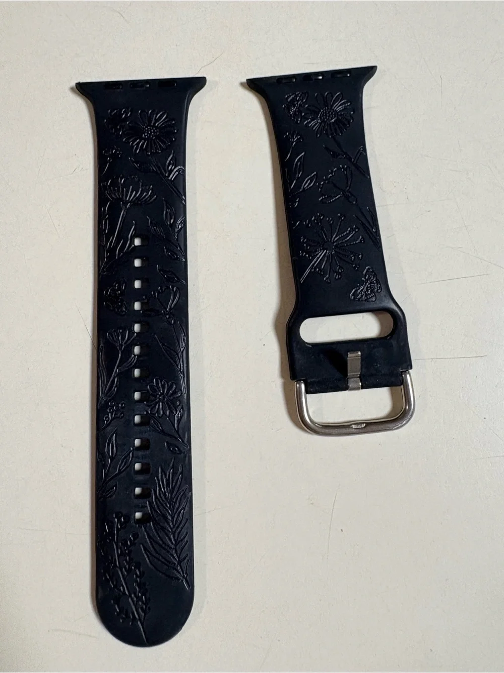 Floral Embossed Black Silicone Watch Band